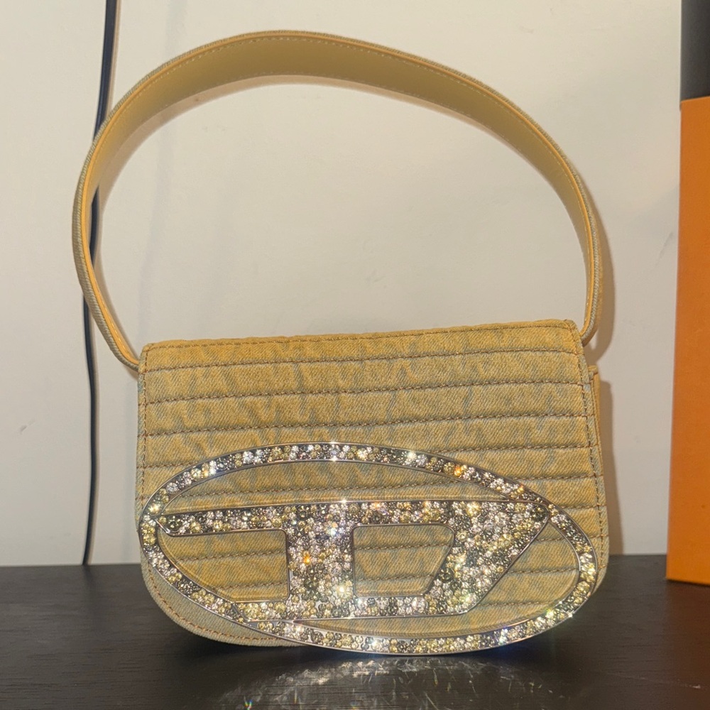Diesel Yellow Quilted Shoulder Bag with Rhinestone Logo